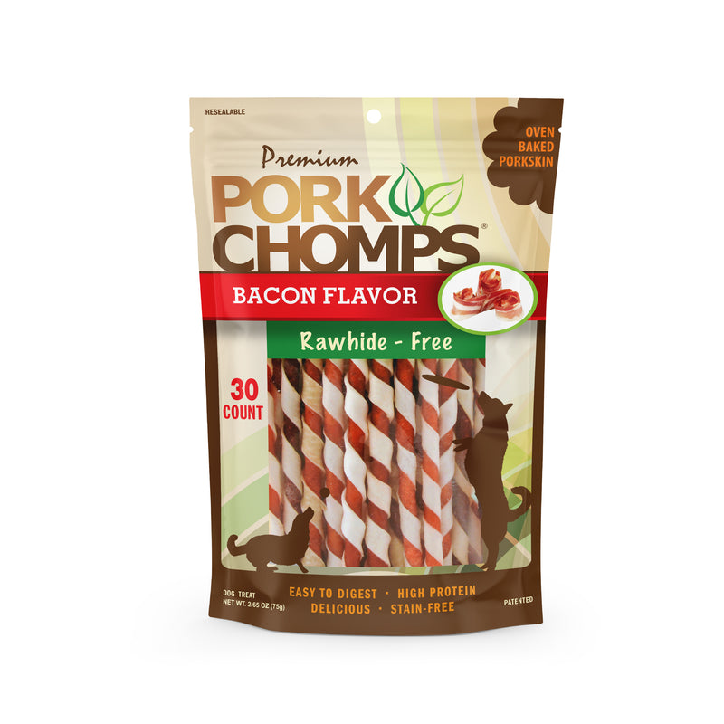 Pork Chomps 5" Baked Pork Skin Mini Twists with Bacon Flavor wrap, 30 count Dog Chews