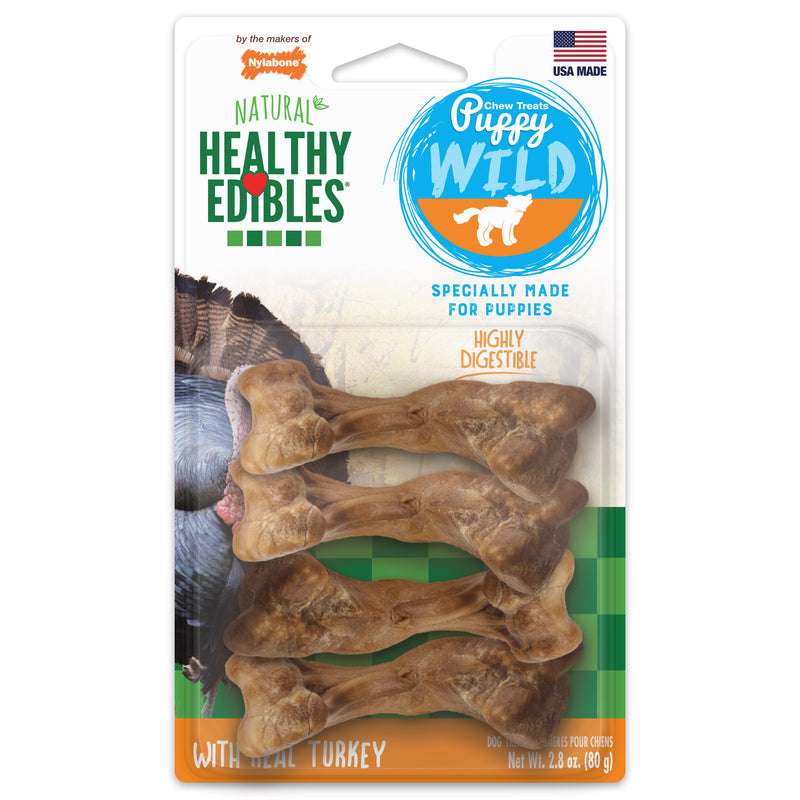 Nylabone Healthy Edibles WILD Puppy Natural Long Lasting Turkey Dog Chew Treats Puppy Wild Bone Small (Pack of 4)